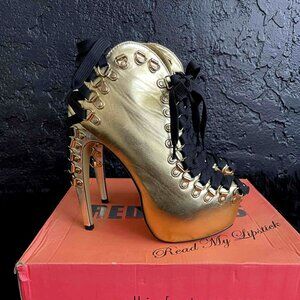 RED KISS banana heel RARE Y2K gold black lace up heel size7